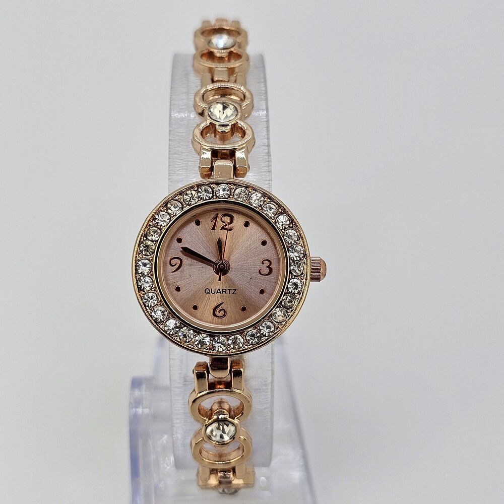 24MM Women's Watch Gold Dial Crystal Bezel Gold Bracelet Band 7" New Battery
